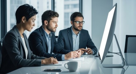 Focused business professionals collaborate on a computer screen in a modern office, analyzing data and strategizing for success