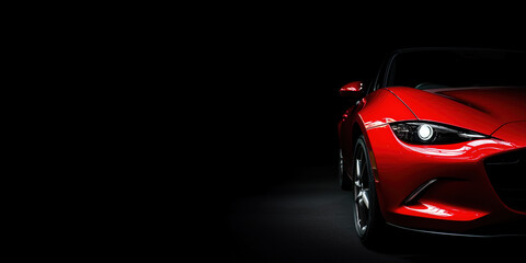 Close-up of red luxury sports car headlight in dark studio lighting