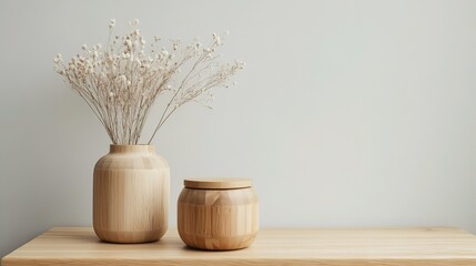 Wooden Containers with White Dried Flowers on Light Wooden Table Against Light Gray Background