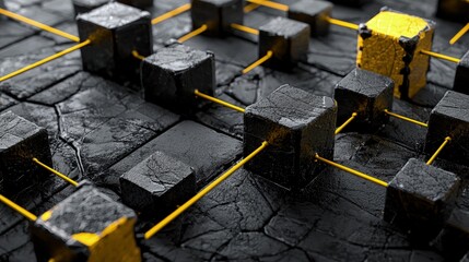 Obraz premium Dark cubes connected by golden lines on a textured surface.