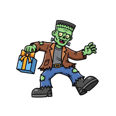 Cartoon Frankenstein Character Holding a Gift with a Cheerful Expression on a Transparent Background