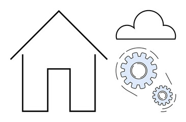 House outline paired with cloud and interconnected gears symbolizing smart home, technology integration, and innovation. Ideal for automation, efficiency, connectivity, technology, cloud computing
