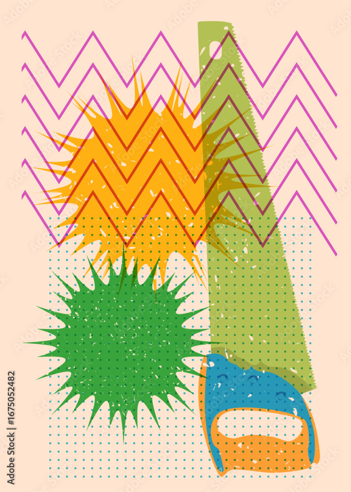 Poster risograph saw with geometric shapes. objects in trendy riso graph print texture style design with ge