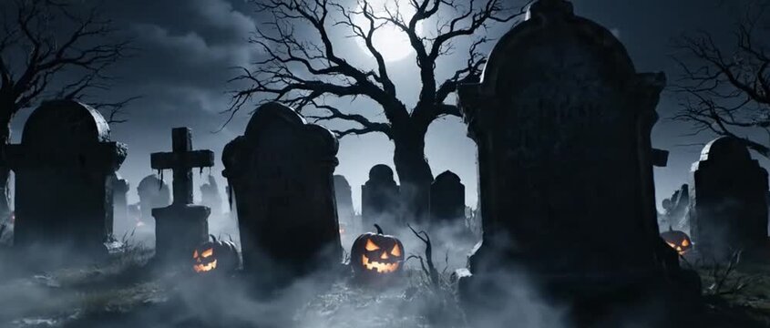 Haunted Halloween Cemetery Scene with Jack-o'-Lanterns and Fog in Night Setting