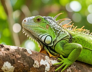 Obraz premium vibrant green iguana resting on tropical tree branch