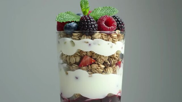 Layered yogurt parfait with berries and granola