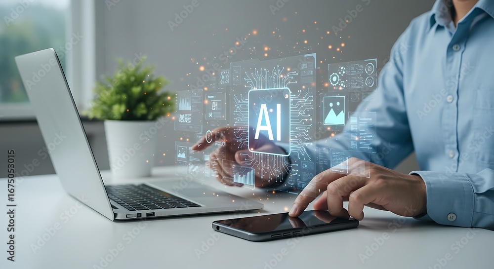 Poster person using a smartphone and laptop with ai icons floating above, illustrating artificial intellige