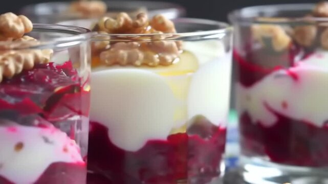 Layered yogurt and beet parfait dessert close up
