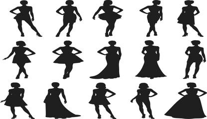 Fashion silhouette collection of women in stylish dresses, elegant poses, trendy outfits, modern glamour models, isolated black silhouettes for fashion, design, and art concepts.