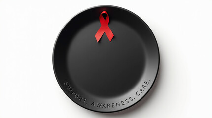 A red ribbon on a black plate with the words support, awareness, care isolated on white background, symbolizing the need to address the issue of hivaids and provide support, care, and awareness