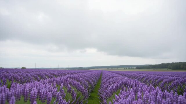 Vibrant purple flowers bloom in expansive field under a cloudy sky
