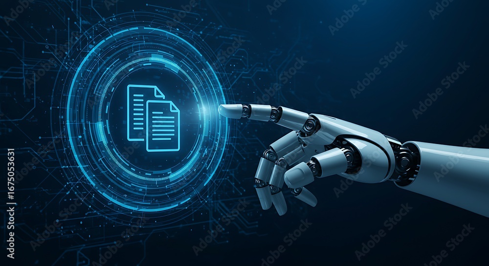 Poster a robotic hand interacting with a digital interface displaying documents.