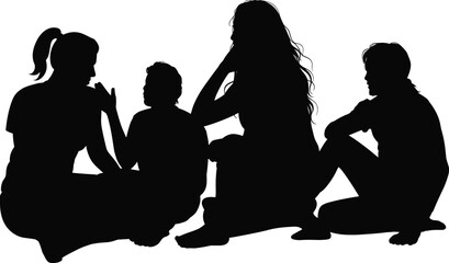 Group of people sitting together, casual conversation, diverse friends or family, social interaction, communication, relaxed atmosphere, friendship, teamwork, discussion, bonding, silhouette image