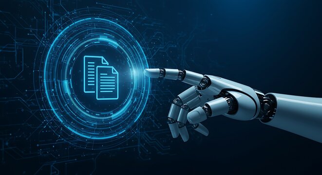 A robotic hand interacting with a digital interface displaying documents.
