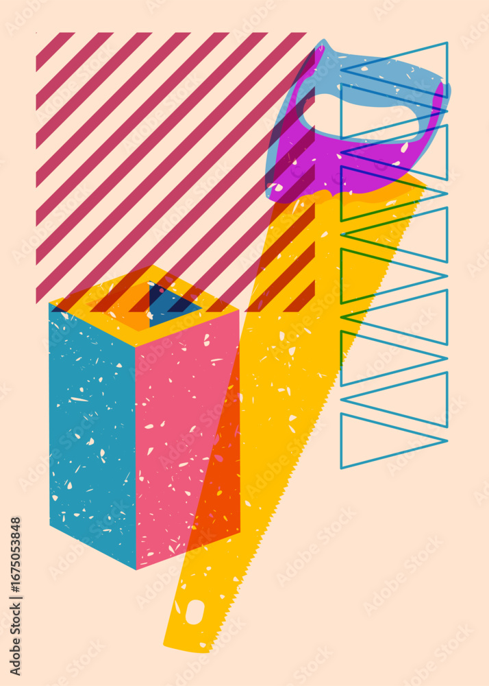 Poster risograph saw with geometric shapes. objects in trendy riso graph print texture style design with ge