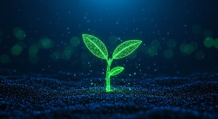 A glowing digital sprout emerges from a textured, blue-toned background, representing growth.