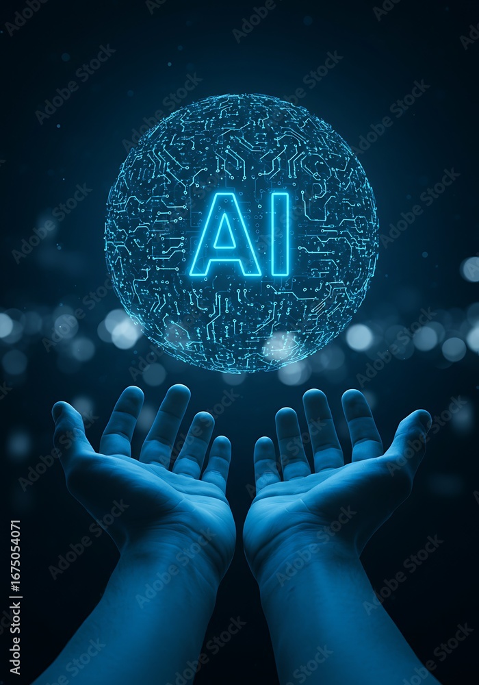 Poster hands reaching up towards a glowing ai brain symbol, representing artificial intelligence and techno