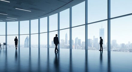 Businesspeople silhouetted against a panoramic cityscape viewed from a modern, high-rise office.