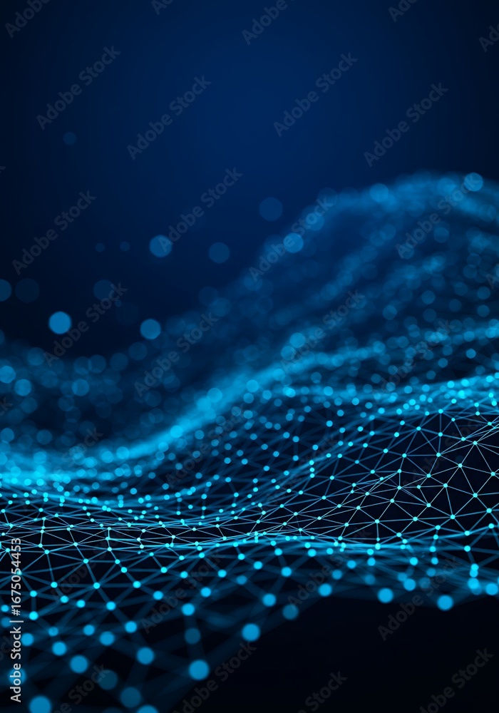 Poster abstract blue network with connected dots forming a digital wave.