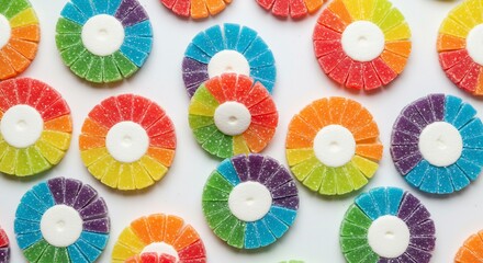 虹色グミ円形 カラフル甘く輝く 散らばる. AI Generated