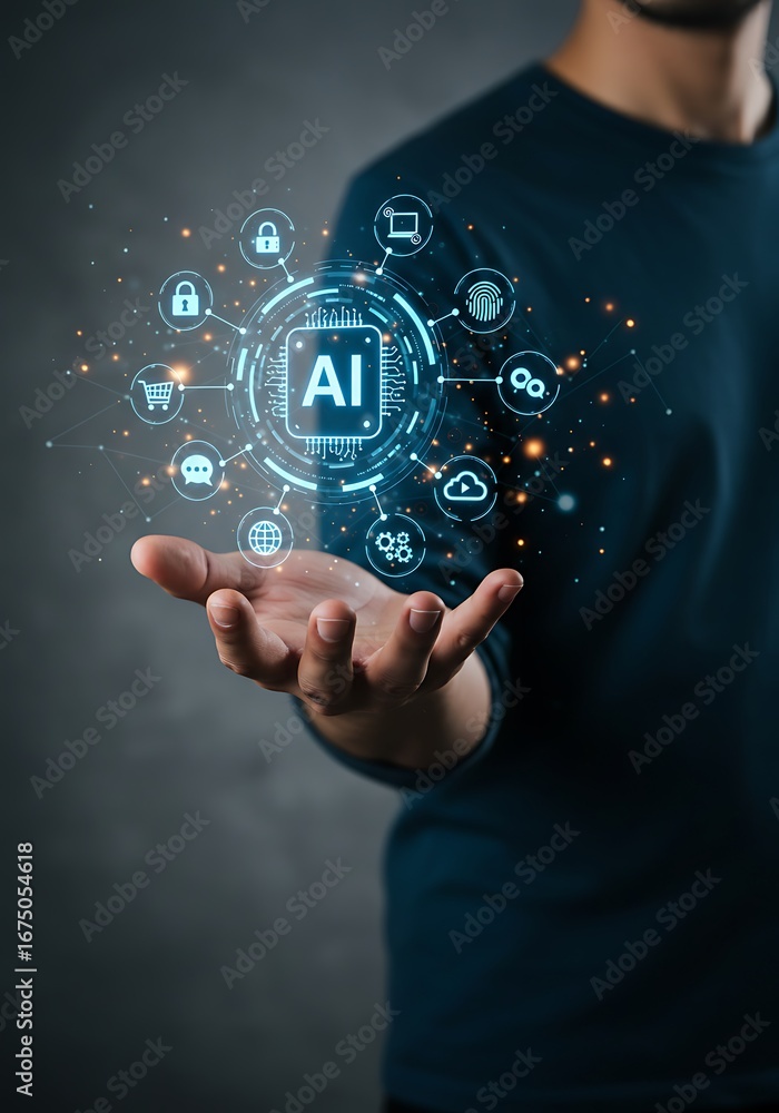 Poster person holding digital ai interface with various technology icons floating around.