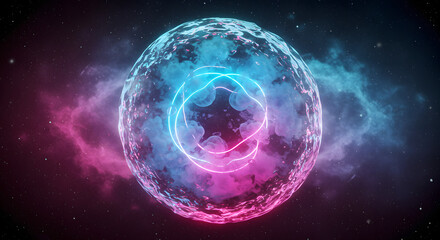 Fototapeta premium Conceptual digital art of a glowing cosmic orb, a futuristic energy source with a vibrant blue and pink nebula in deep space