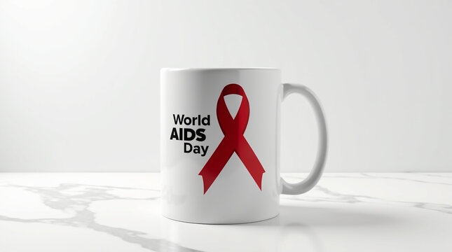 A white mug with a red aids awareness ribbon and the text world aids day printed on it, representing global solidarity in the fight against hiv and aids, isolated on white background