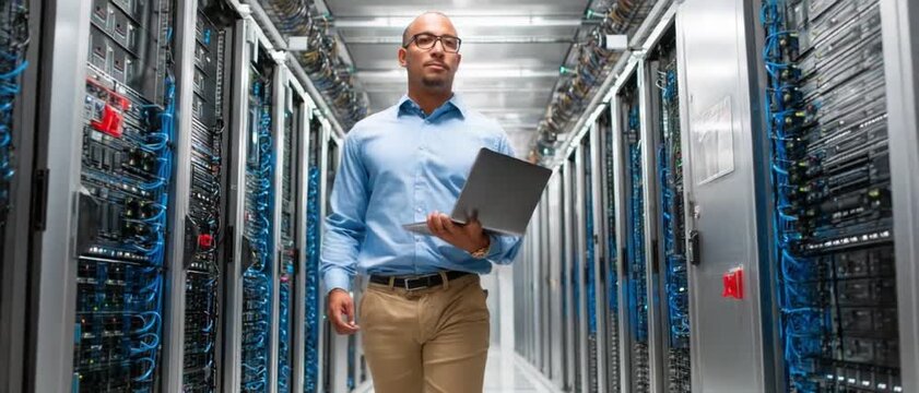 Data Center Specialist: A focused professional strides confidently through the heart of a high-tech data center, laptop in hand, surveying the intricate network of servers and cables. - Powered by Adobe