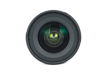 A professional camera lens viewed from the front, isolated on a clean white background. The...