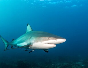 Fototapeta premium A Grey Reef Shark Swims Gracefully Through The Clear Blue Ocean Waters.
