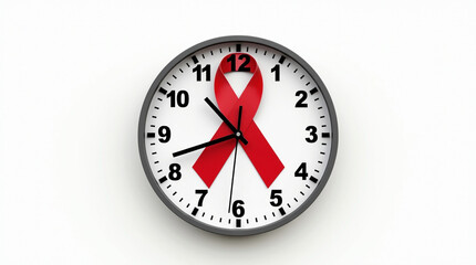 Clock with a red ribbon on the face, isolated on white background, symbolizing world aids day and the importance of time in the fight against hivaids, raising awareness and promoting prevention