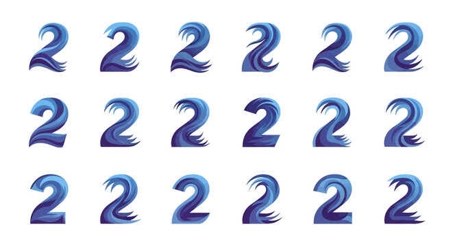 Collection of Stylized Number Two Icons with Blue and Purple Ocean Wave Motifs