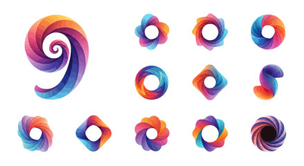 Collection of vibrant gradient abstract logo icons with layered spiral and swirl designs.