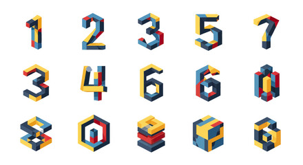 Fototapeta premium Isometric 3D Geometric Numbers and Symbols in Blue, Yellow, and Red