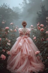 Romantic dreamy scene of a woman in an elegant flowing pink gown adorned with roses, walking into a mystical foggy garden surrounded by blooming flowers and enchanting atmosphere