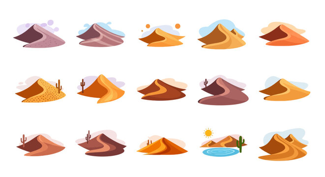 Set of colorful flat design sand dune icons. Stylized desert landscape illustrations with cacti, sun, and oasis elements.