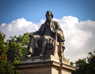 Obraz premium Bronze statue of a seated man, park setting