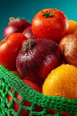 Fresh assorted vegetables in a green netted basket with droplets of water.