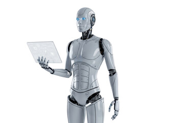 Futuristic Android Holding a Digital Tablet with Blue Glowing Elements in a Transparent Environment