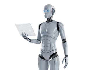 Futuristic Android Holding a Digital Tablet with Blue Glowing Elements in a Transparent Environment