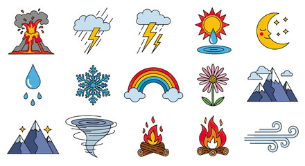 Weather and Nature Icons: Volcano, Lightning, Sun, Moon, Snowflake, Rainbow, Flower, Mountains, Wind, Fire