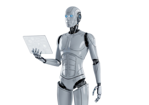 Futuristic Android Holding a Digital Tablet with Blue Glowing Elements in a Transparent Environment