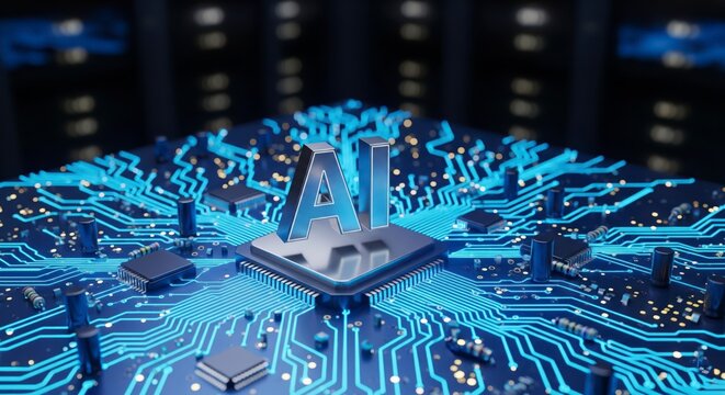 Artificial Intelligence (AI) icon on a glowing CPU. Futuristic technology concept showing a chip on a circuit board in a data center or server room.

