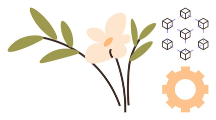 Flowering branches blend with interconnected cubes and a gear, symbolizing synergy of nature, technology, and innovation. Ideal for sustainability, biotech, tech synergy, growth, eco-tech