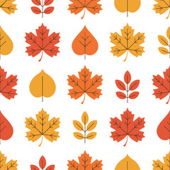 Hand-Drawn Fall Leaf Pattern Warm Red, Orange, and Yellow Foliage Vector