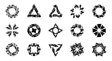 Set of abstract geometric symbols with a shattered, edgy, and monochrome design.