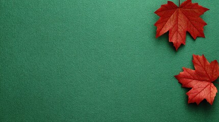 Vibrant red maple leaves isolated on deep green background with clean negative space, autumn foliage element for seasonal branding, packaging design, and nature-themed compositions