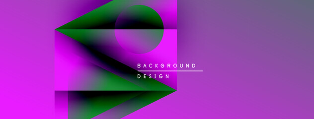 Abstract purple design features overlapping geometric shapes. Gradient colors create dynamic visual effect. Text reads background design.