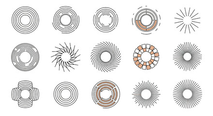 A diverse collection of abstract circular geometric icons, featuring line art, sunbursts, and swirl patterns.