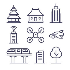 Fototapeta premium Clean vector line art icon set featuring Indonesian pagoda, joglo house, futuristic skyscrapers, smart tower, drone, flying car, monorail, and urban tree, in minimal outline stroke style.